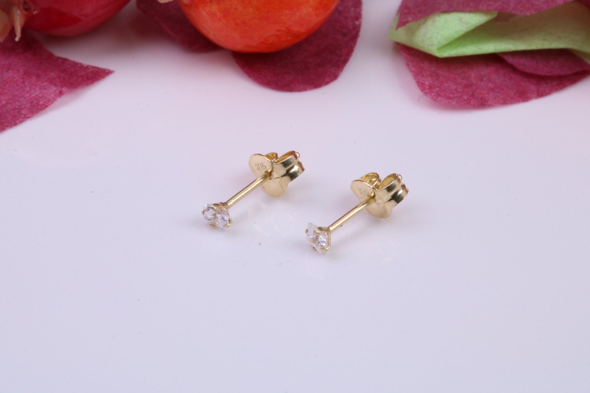 Tiny 2 mm Square Cubic Zirconia set Stud Earrings, Made from Solid 9ct Yellow Gold