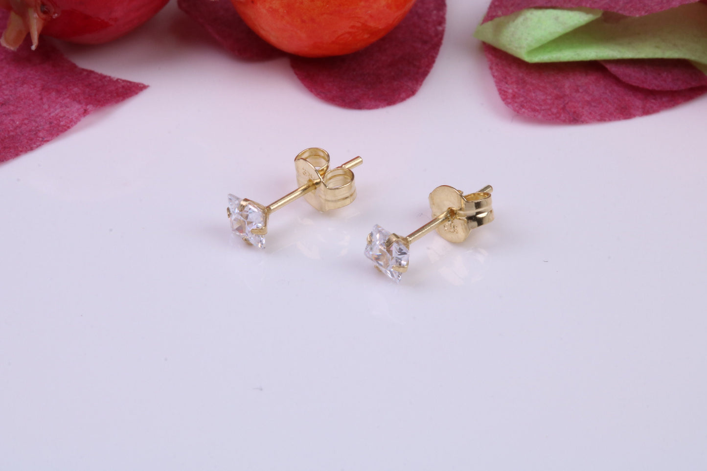 3 mm Square Cubic Zirconia set Stud Earrings, Made from Solid 9ct Yellow Gold