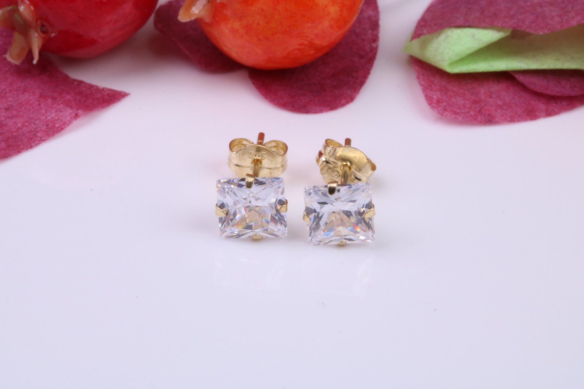 5 mm Square Cubic Zirconia set Stud Earrings, Made from Solid 9ct Yellow Gold