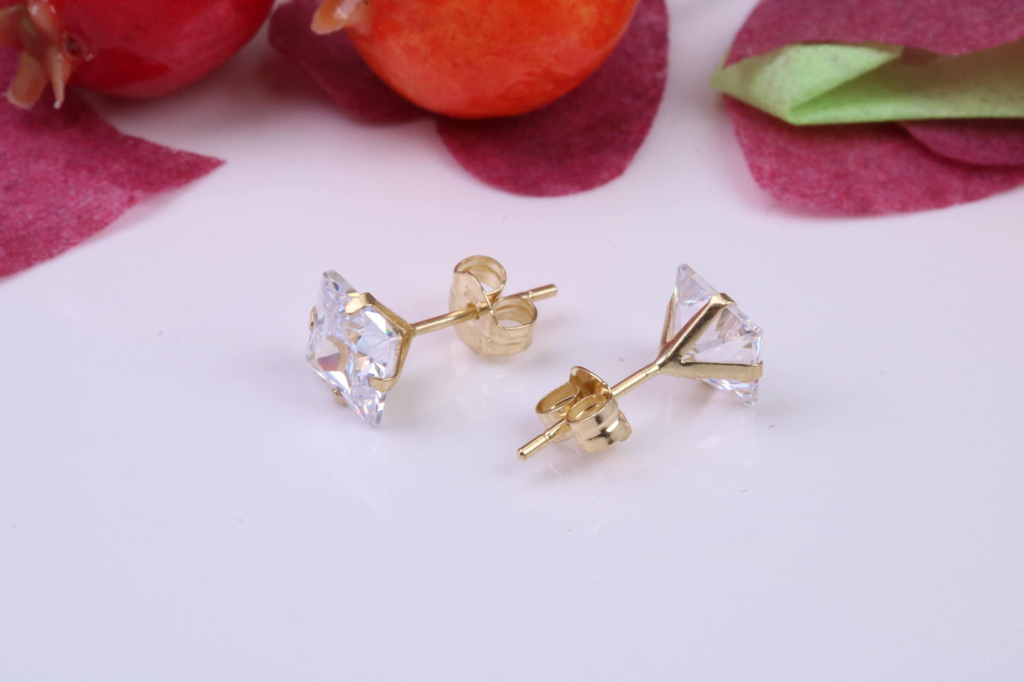 5 mm Square Cubic Zirconia set Stud Earrings, Made from Solid 9ct Yellow Gold