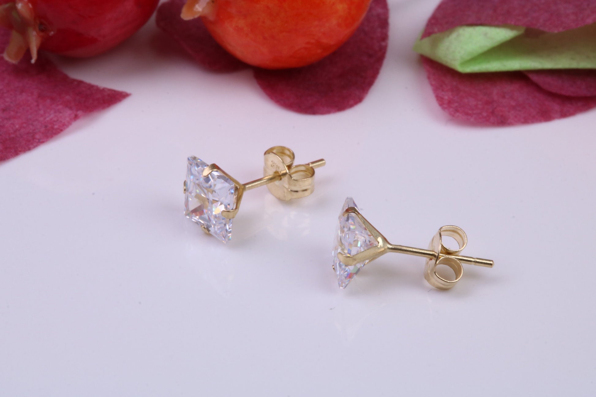 5 mm Square Cubic Zirconia set Stud Earrings, Made from Solid 9ct Yellow Gold