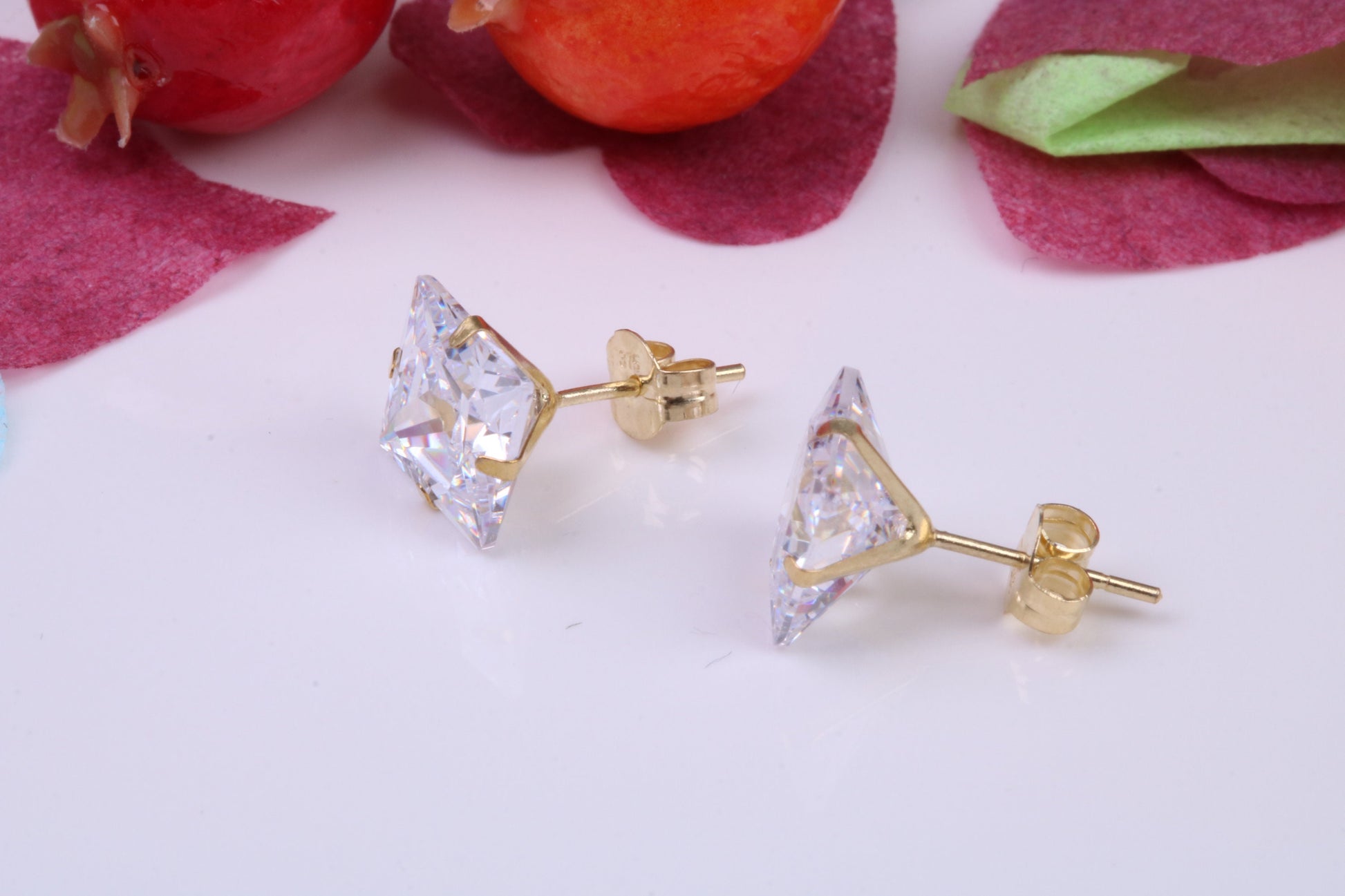 7 mm Square Cubic Zirconia set Stud Earrings, Made from Solid 9ct Yellow Gold