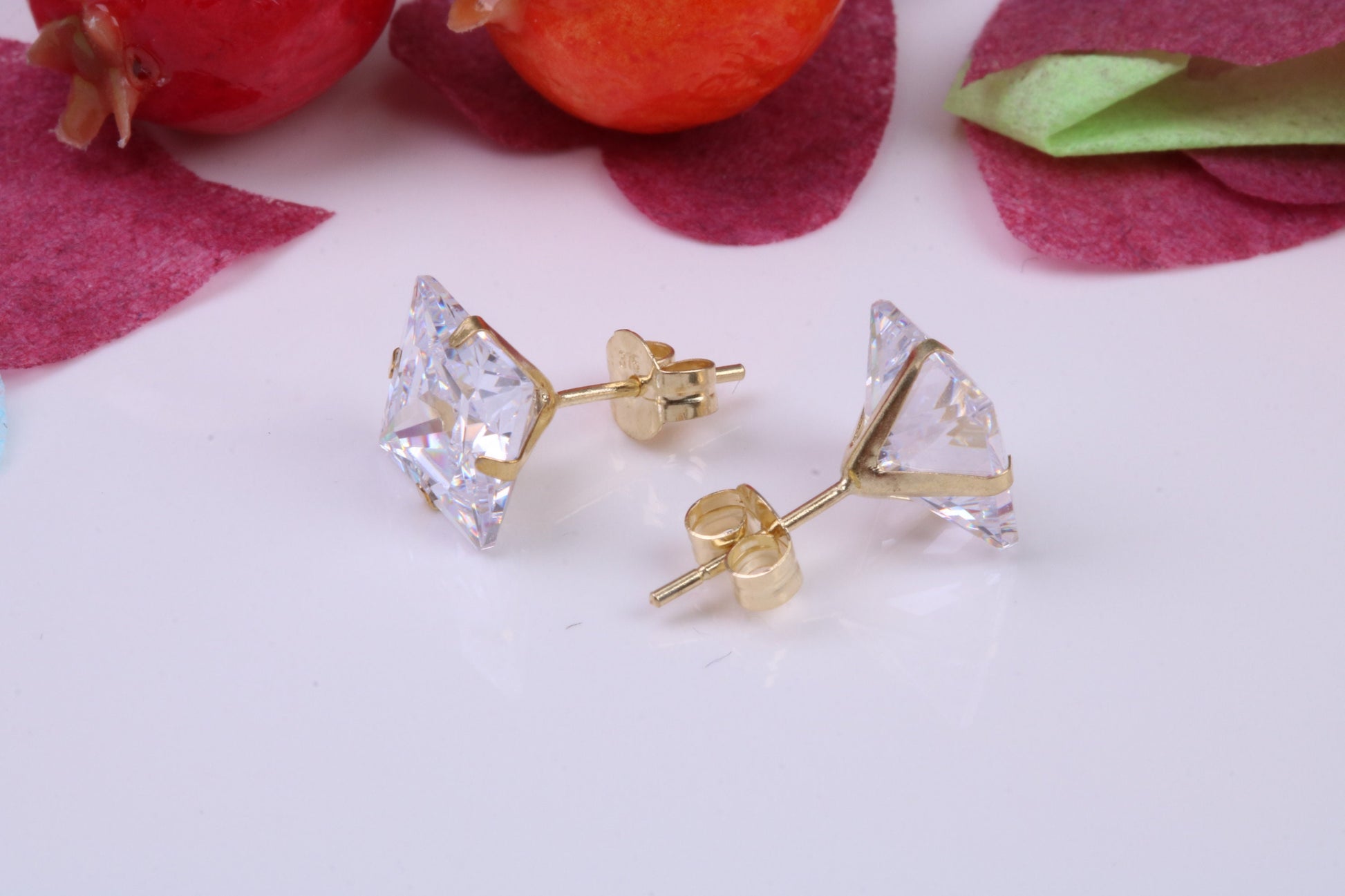 7 mm Square Cubic Zirconia set Stud Earrings, Made from Solid 9ct Yellow Gold