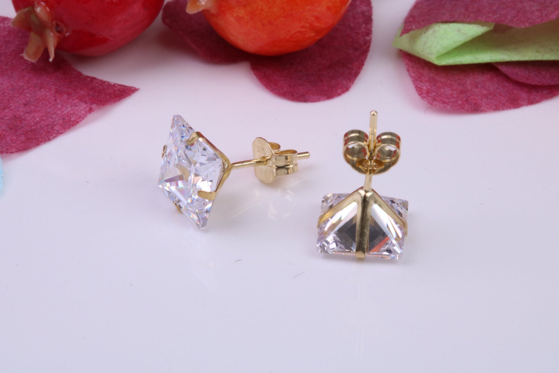 7 mm Square Cubic Zirconia set Stud Earrings, Made from Solid 9ct Yellow Gold