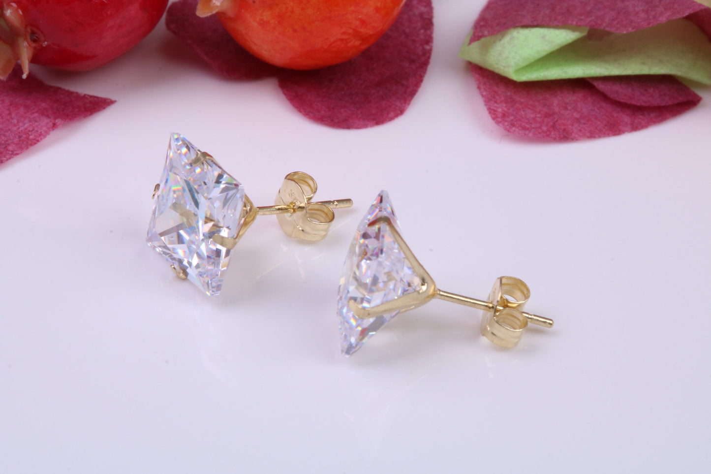 8 mm Square Cubic Zirconia set Stud Earrings, Made from Solid 9ct Yellow Gold