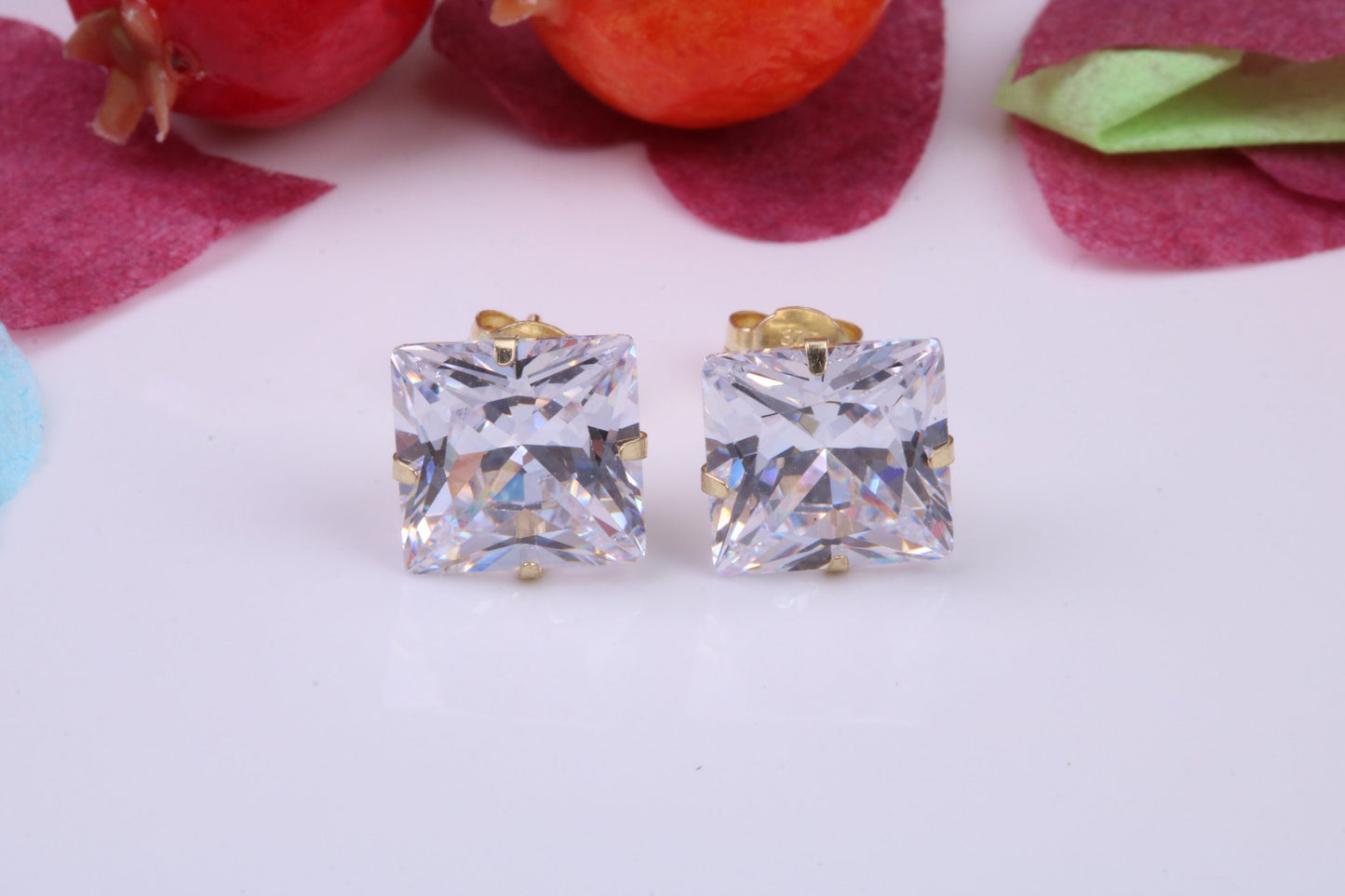 8 mm Square Cubic Zirconia set Stud Earrings, Made from Solid 9ct Yellow Gold