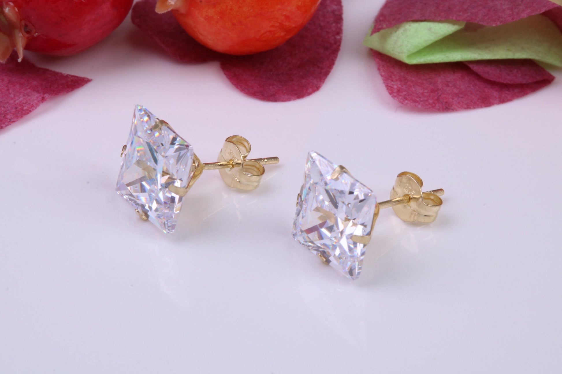 8 mm Square Cubic Zirconia set Stud Earrings, Made from Solid 9ct Yellow Gold