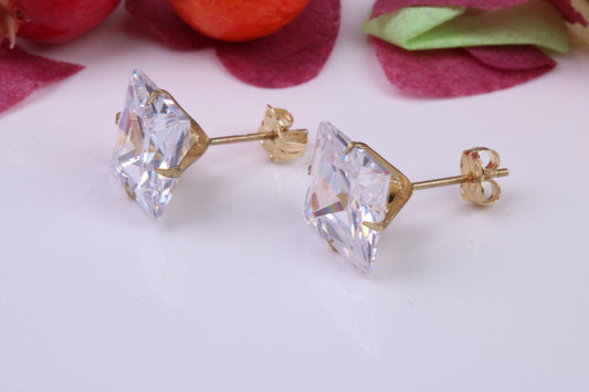 9 mm Square Cubic Zirconia set Stud Earrings, Made from Solid 9ct Yellow Gold