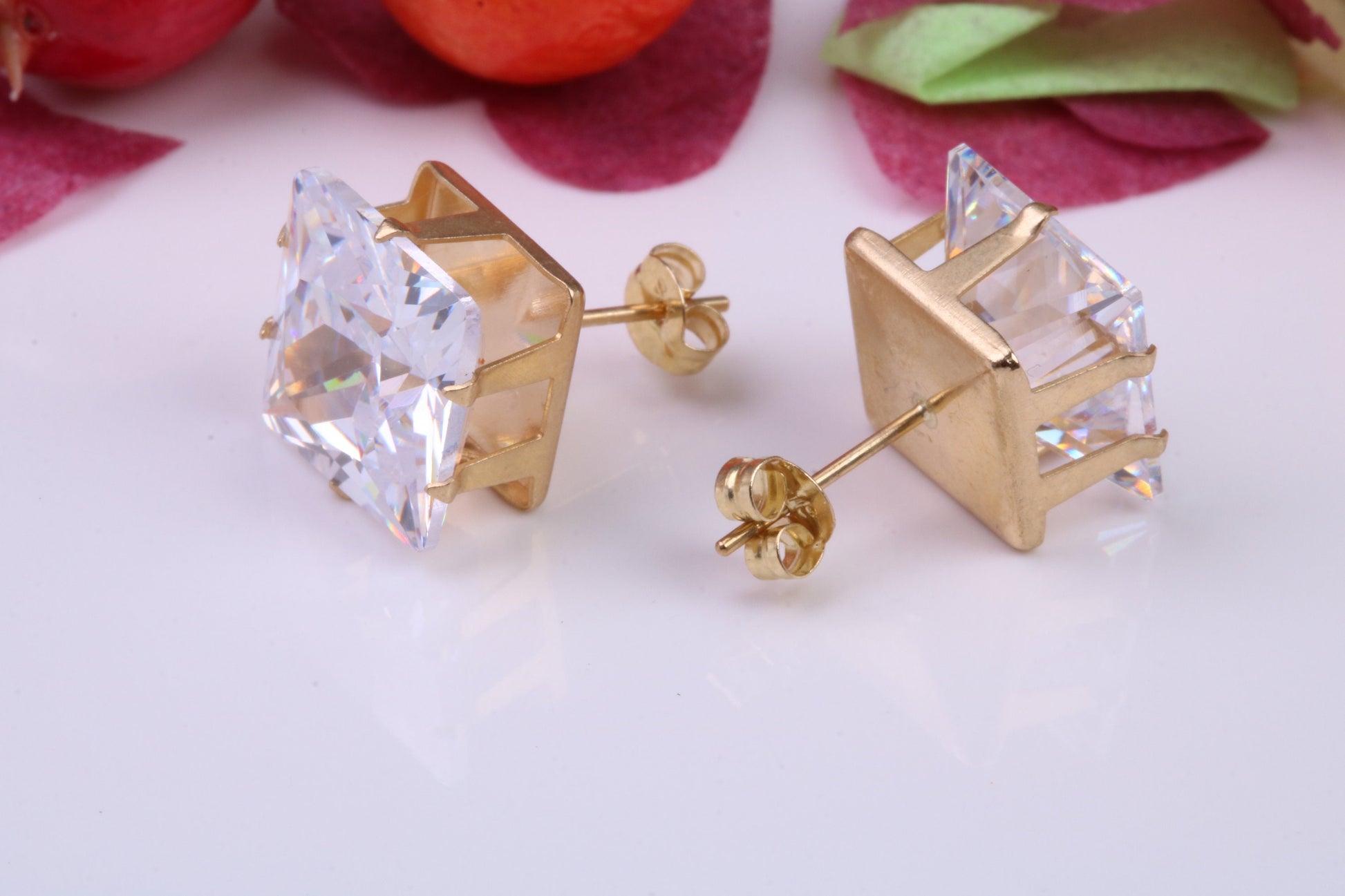 10 mm Square Basket set Cubic Zirconia Stud Earrings, Made from Solid 9ct Yellow Gold, 8 Claw Setting