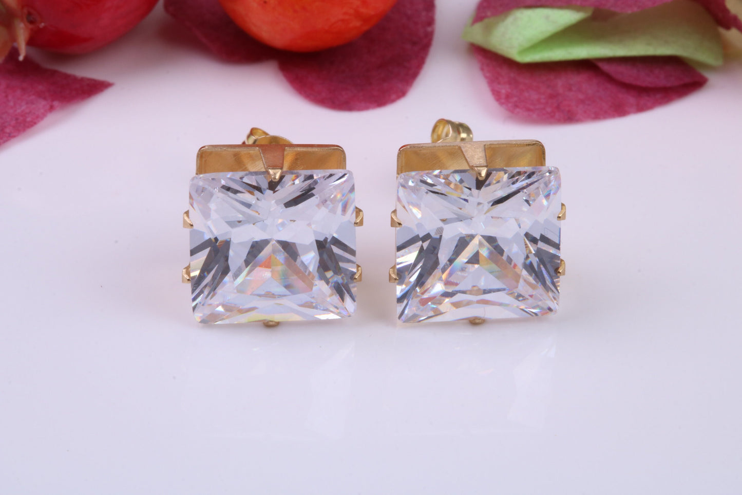 10 mm Square Basket set Cubic Zirconia Stud Earrings, Made from Solid 9ct Yellow Gold, 8 Claw Setting