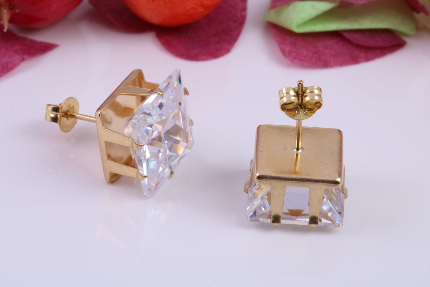 10 mm Square Basket set Cubic Zirconia Stud Earrings, Made from Solid 9ct Yellow Gold, 8 Claw Setting