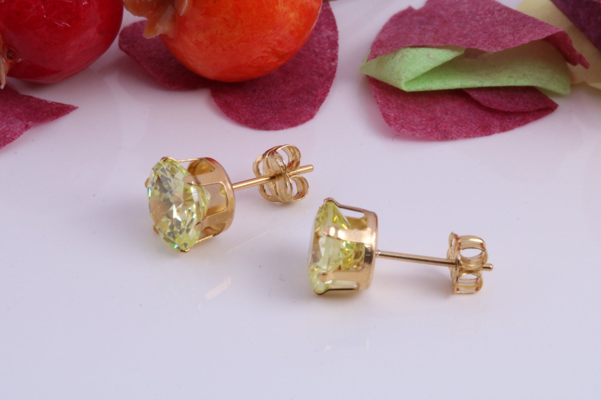 8 mm Round Peridot Cubic Zirconia set Stud Earrings, Made from Solid 9ct Yellow Gold