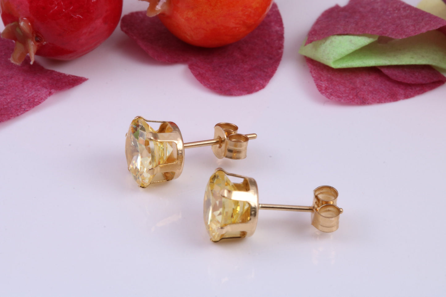 7 mm Round Citrine Cubic Zirconia set Stud Earrings, Made from Solid 9ct Yellow Gold
