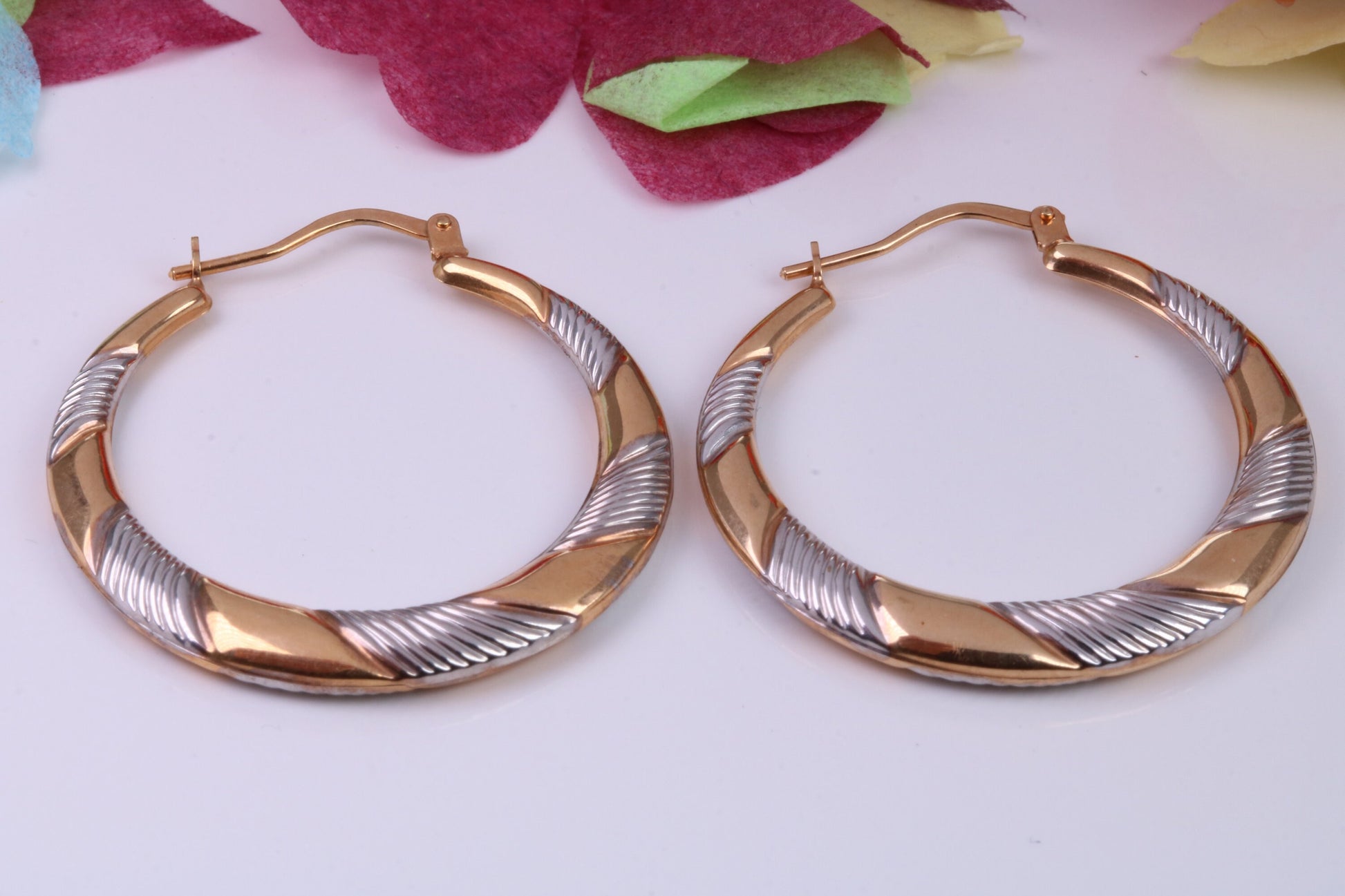 35 mm Round Two Tone Hoop Creole Earrings Made from Solid 9ct Yellow Gold, British Hallmarked