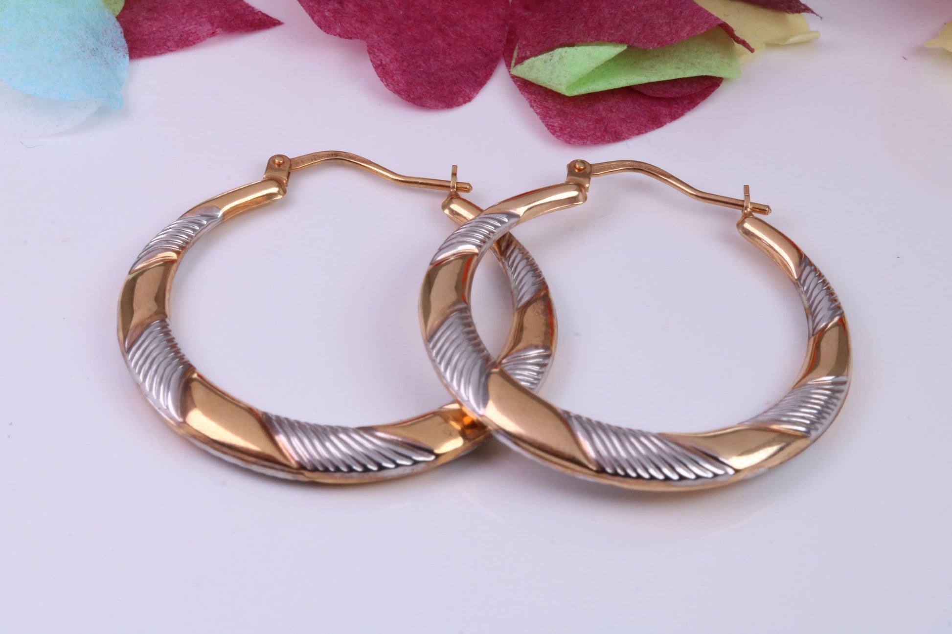 35 mm Round Two Tone Hoop Creole Earrings Made from Solid 9ct Yellow Gold, British Hallmarked