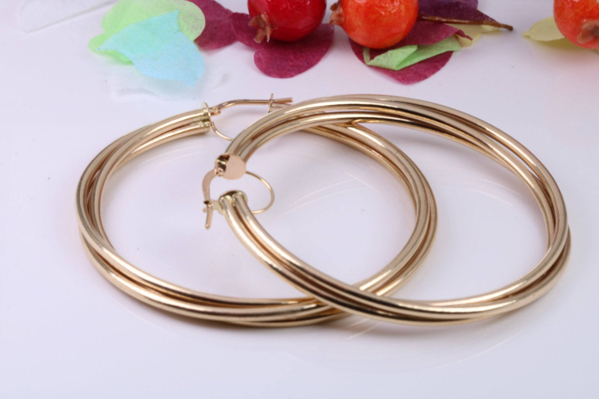 Very Large 55 mm Round Triple Sleeper Hoop Creole Earrings Made from Solid 9ct Yellow Gold, British Hallmarked