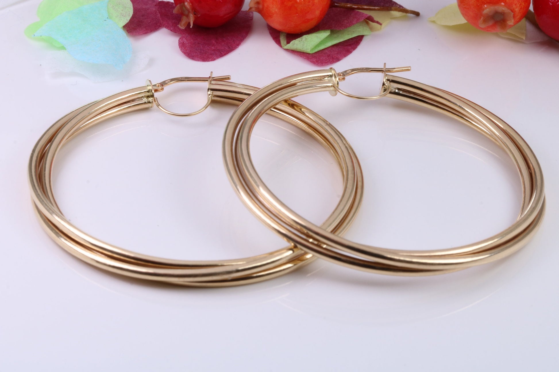 Very Large 55 mm Round Triple Sleeper Hoop Creole Earrings Made from Solid 9ct Yellow Gold, British Hallmarked