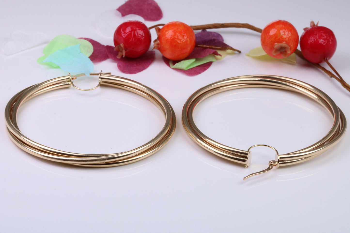 Very Large 55 mm Round Triple Sleeper Hoop Creole Earrings Made from Solid 9ct Yellow Gold, British Hallmarked