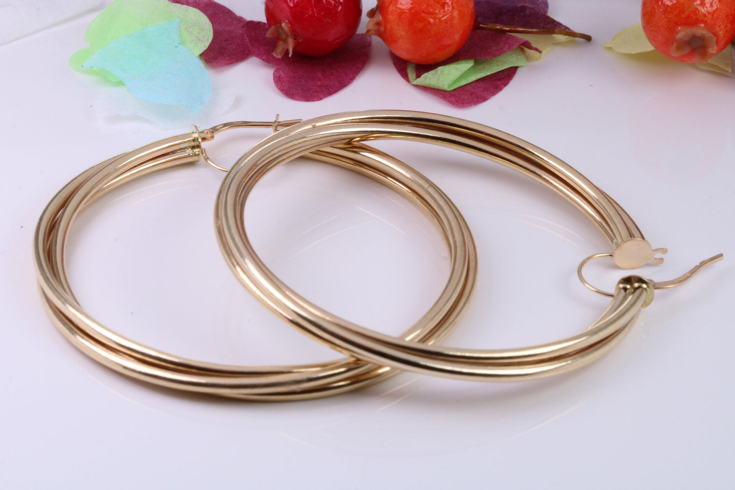 Very Large 55 mm Round Triple Sleeper Hoop Creole Earrings Made from Solid 9ct Yellow Gold, British Hallmarked