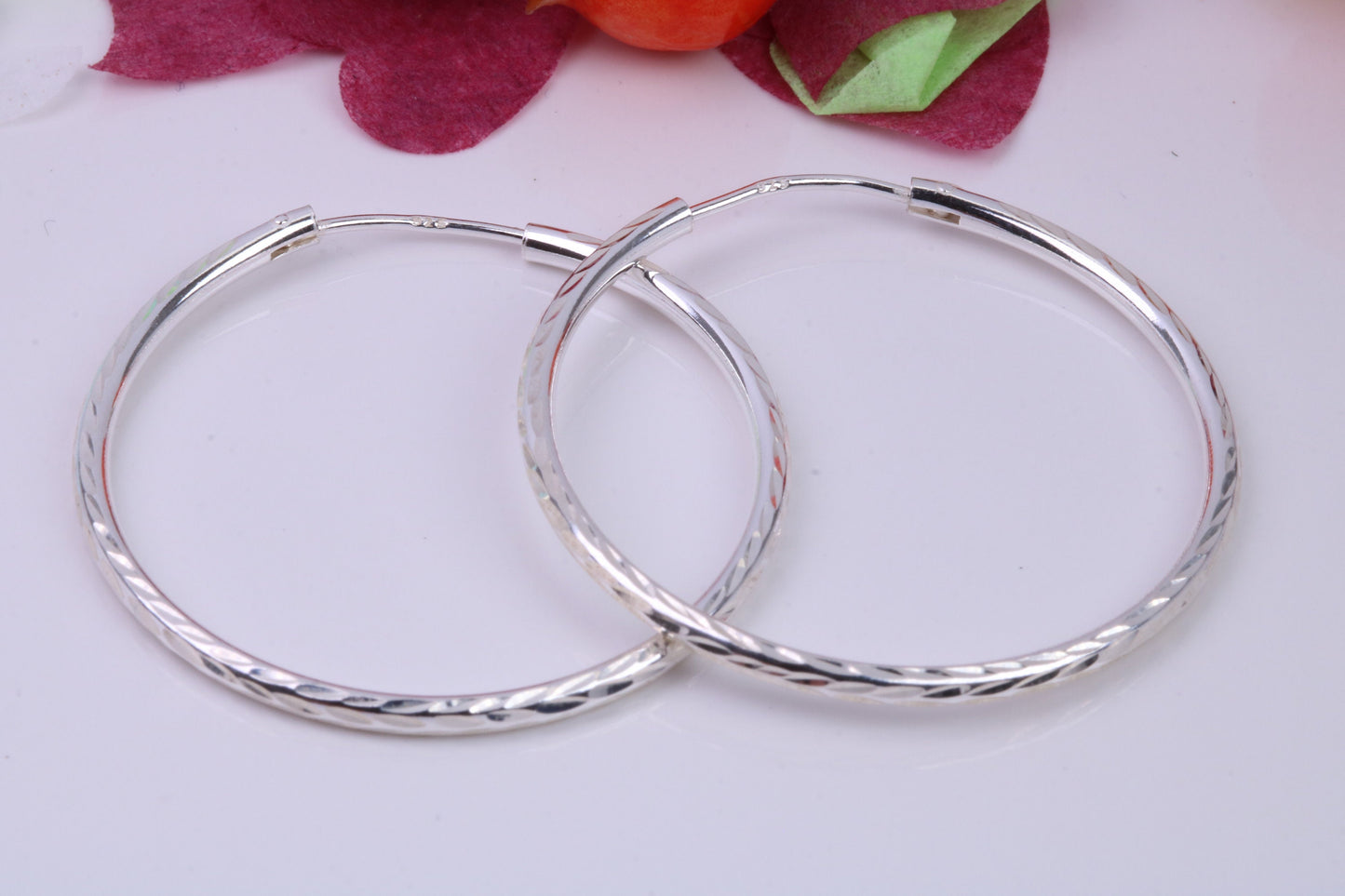 34 mm Round Diamond cut Sleeper Hoop Earrings Made from 925 Grade Sterling Silver