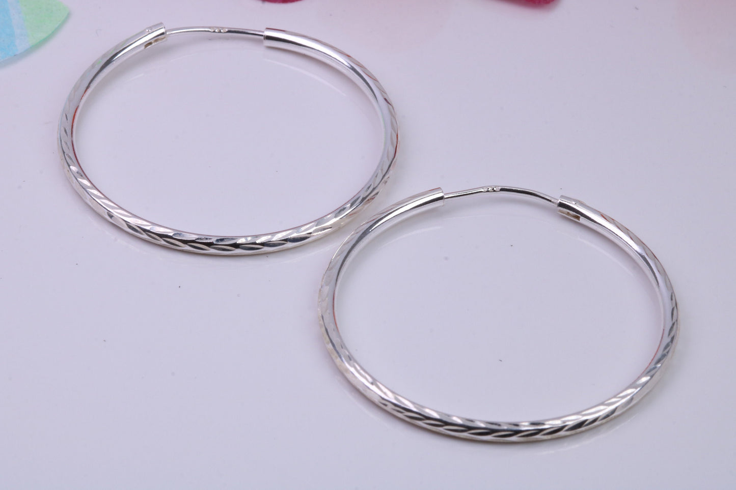 34 mm Round Diamond cut Sleeper Hoop Earrings Made from 925 Grade Sterling Silver