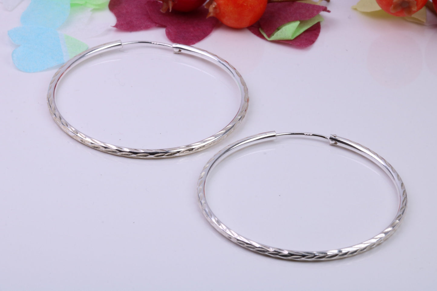 Very Large 44 mm Round Diamond cut Sleeper Hoop Earrings Made from 925 Grade Sterling Silver