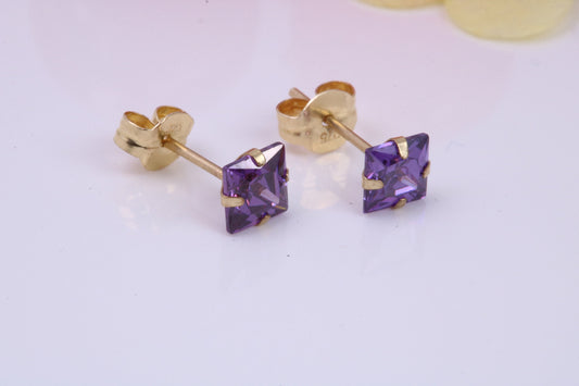 February Amethyst Cubic Zirconia set Birthstone Stud Earrings, Made from Solid 9ct Yellow Gold, Choice of Two Sizes