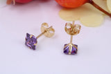 February Amethyst Cubic Zirconia set Birthstone Stud Earrings, Made from Solid 9ct Yellow Gold, Choice of Two Sizes