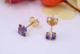 February Amethyst Cubic Zirconia set Birthstone Stud Earrings, Made from Solid 9ct Yellow Gold, Choice of Two Sizes
