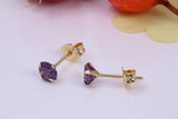 February Amethyst Cubic Zirconia set Birthstone Stud Earrings, Made from Solid 9ct Yellow Gold, Choice of Two Sizes
