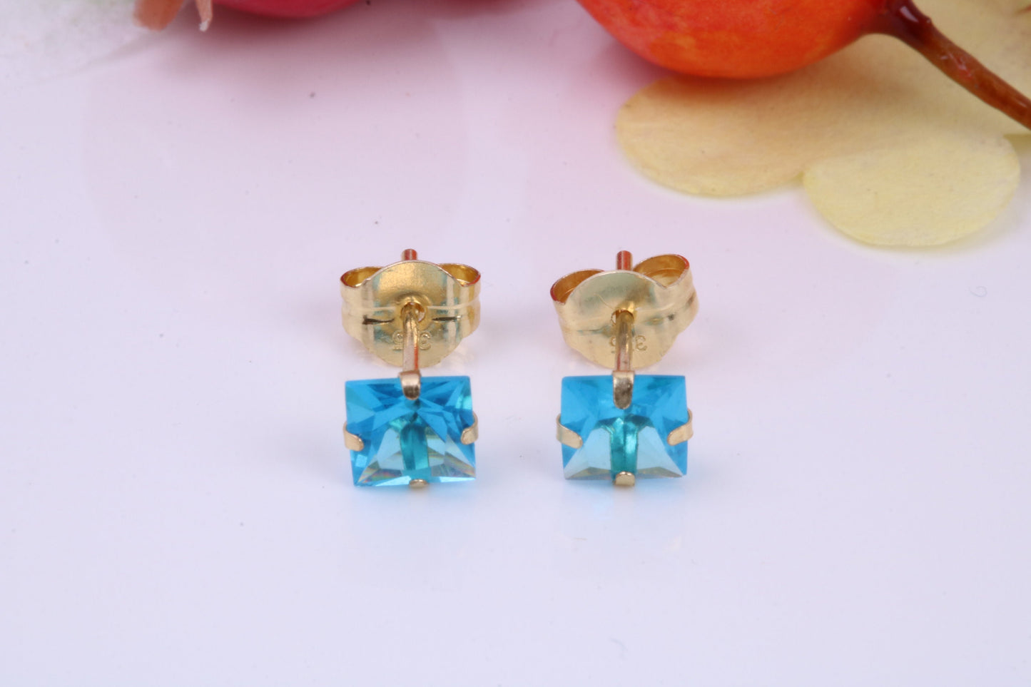 March Aquamarine Cubic Zirconia set Birthstone Stud Earrings, Made from Solid 9ct Yellow Gold, Choice of Two Sizes