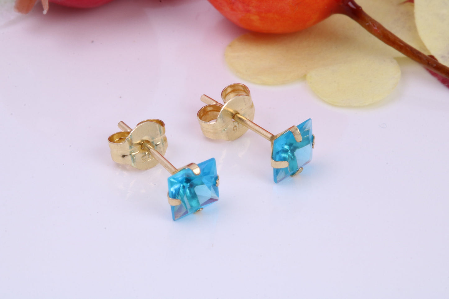 March Aquamarine Cubic Zirconia set Birthstone Stud Earrings, Made from Solid 9ct Yellow Gold, Choice of Two Sizes