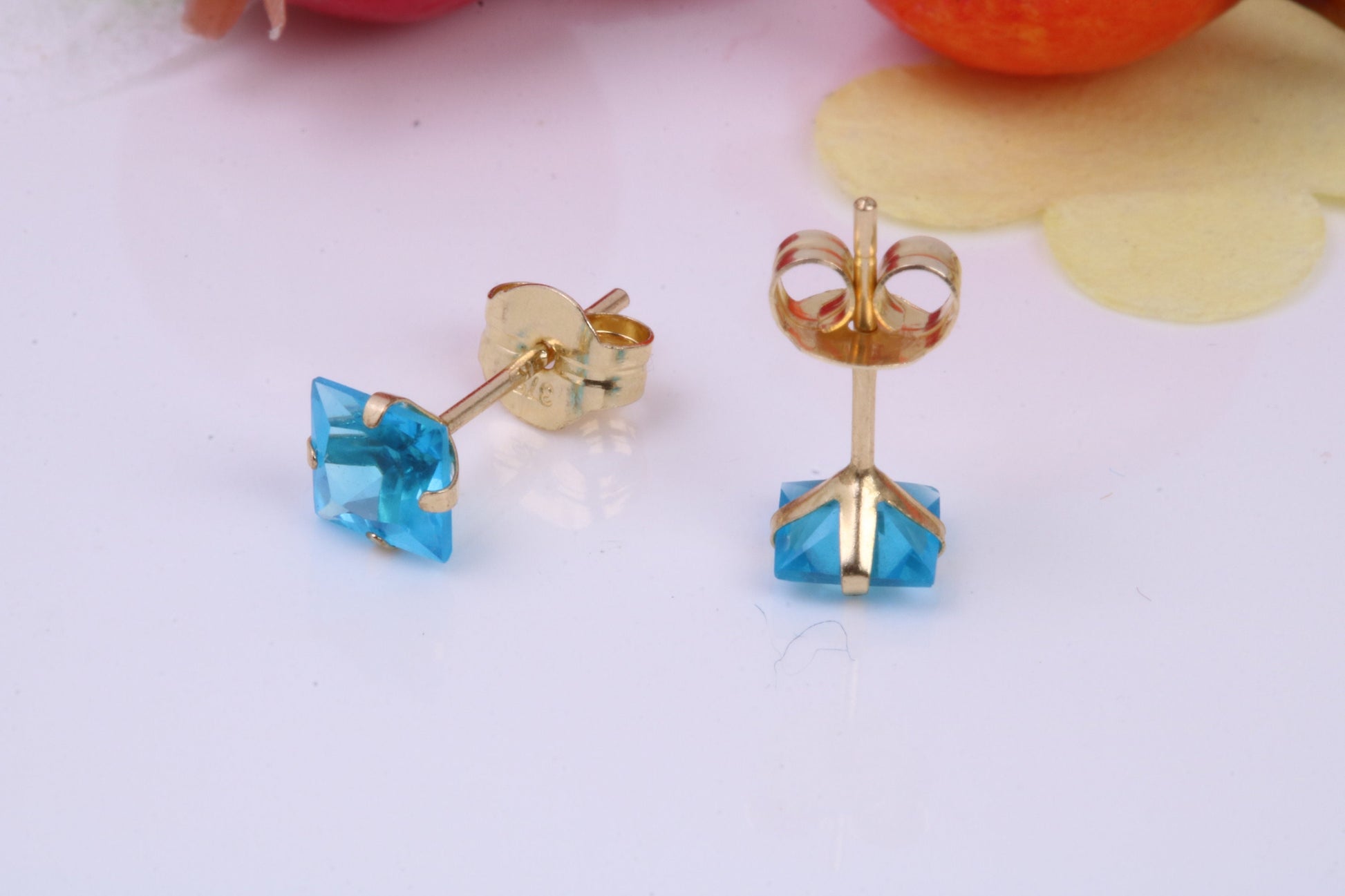 March Aquamarine Cubic Zirconia set Birthstone Stud Earrings, Made from Solid 9ct Yellow Gold, Choice of Two Sizes