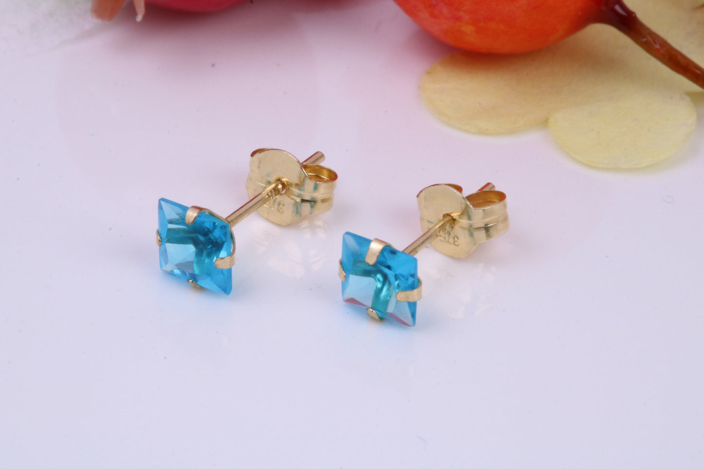 March Aquamarine Cubic Zirconia set Birthstone Stud Earrings, Made from Solid 9ct Yellow Gold, Choice of Two Sizes