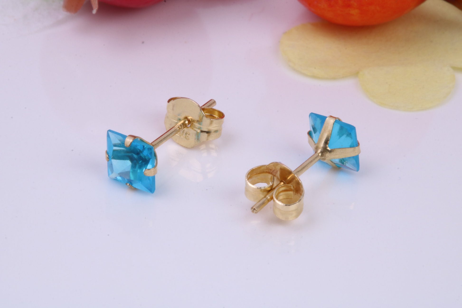 March Aquamarine Cubic Zirconia set Birthstone Stud Earrings, Made from Solid 9ct Yellow Gold, Choice of Two Sizes