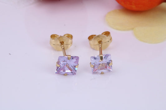 June Light Amethyst Cubic Zirconia set Birthstone Stud Earrings, Made from Solid 9ct Yellow Gold, Choice of Two Sizes