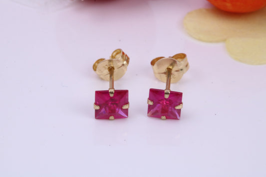 July Ruby Cubic Zirconia set Birthstone Stud Earrings, Made from Solid 9ct Yellow Gold, Choice of Two Sizes