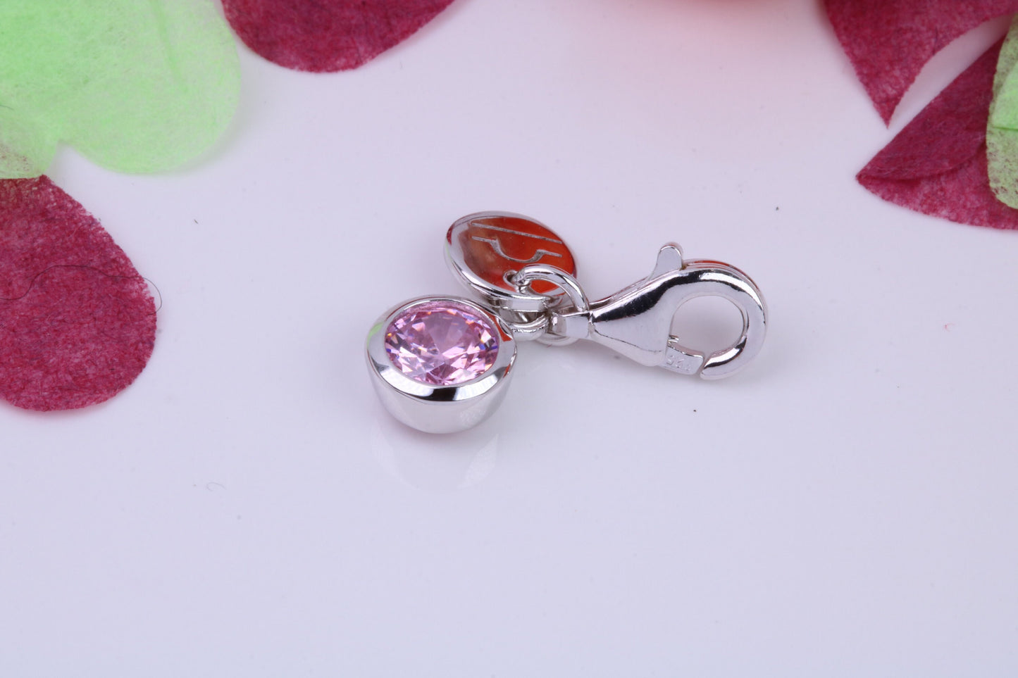 October Pink Rose C Z set Charm, Made From 925 Grade Sterling Silver, Birthstone Charm