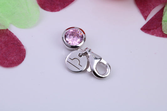 October Pink Rose C Z set Charm, Made From 925 Grade Sterling Silver, Birthstone Charm