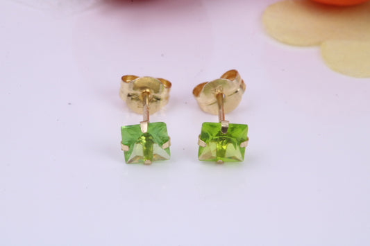 August Peridot Cubic Zirconia set Birthstone Stud Earrings, Made from Solid 9ct Yellow Gold, Choice of Two Sizes