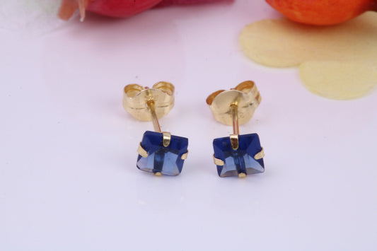 September Blue Sapphire Cubic Zirconia set Birthstone Stud Earrings, Made from Solid 9ct Yellow Gold, Choice of Two Sizes