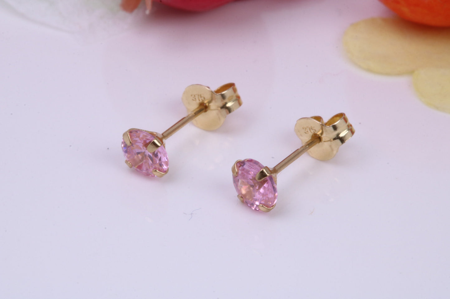 October Pink Rose Cubic Zirconia set Birthstone Stud Earrings, Made from Solid 9ct Yellow Gold, Choice of Two Sizes