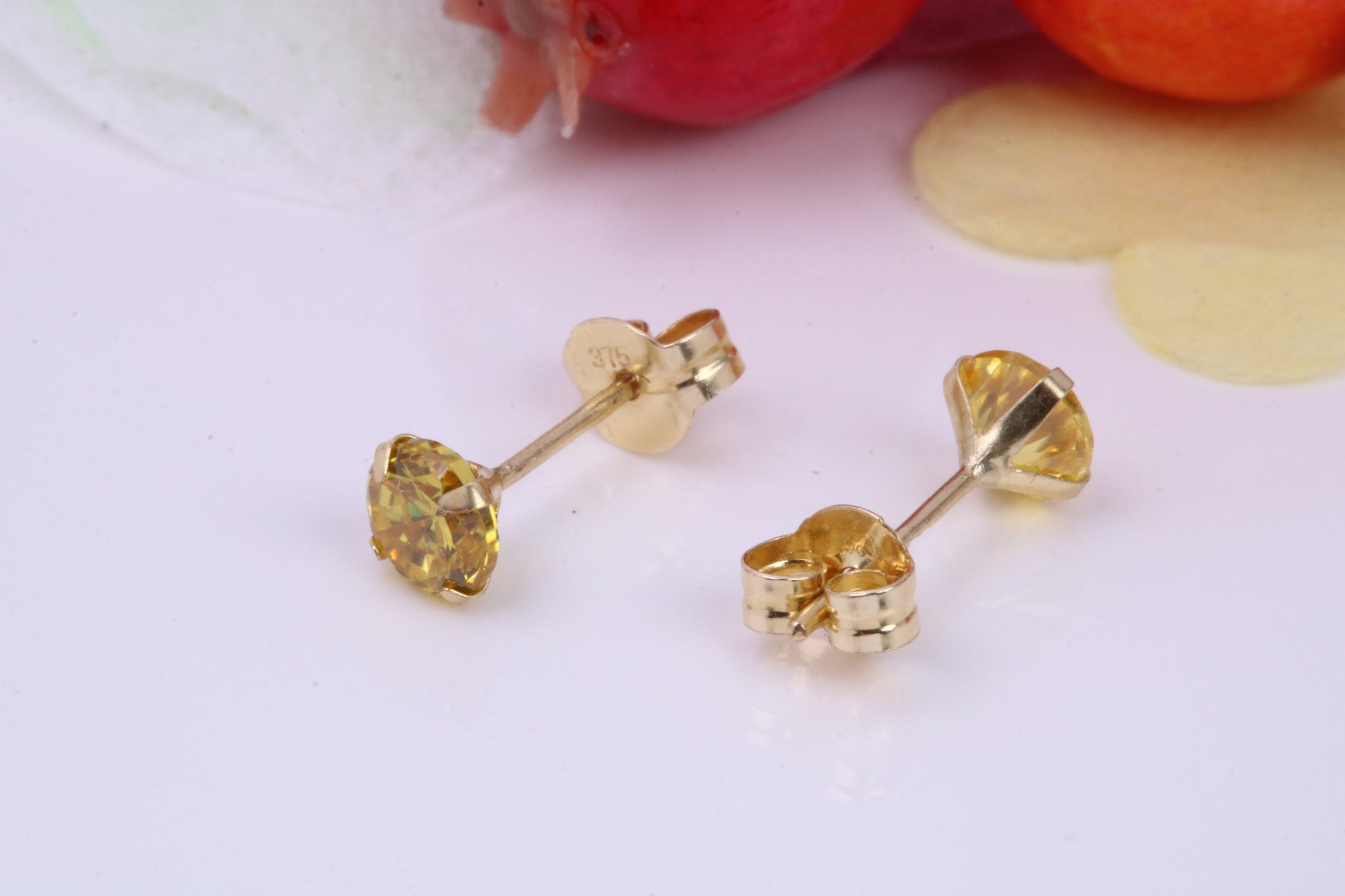 November Yellow Sapphire Cubic Zirconia set Birthstone Stud Earrings, Made from Solid 9ct Yellow Gold, Choice of Two Sizes