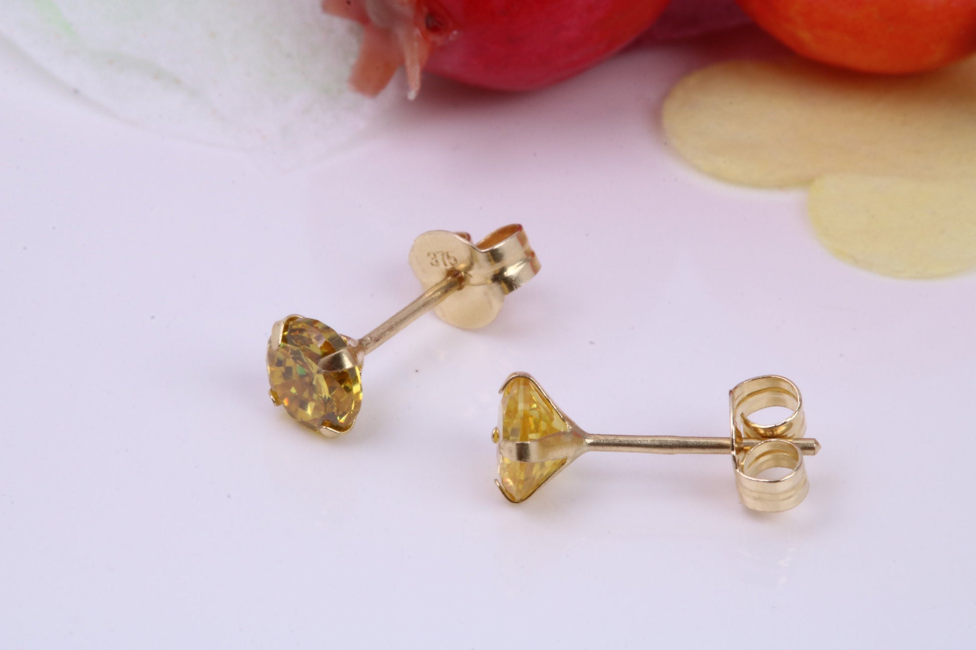 November Yellow Sapphire Cubic Zirconia set Birthstone Stud Earrings, Made from Solid 9ct Yellow Gold, Choice of Two Sizes