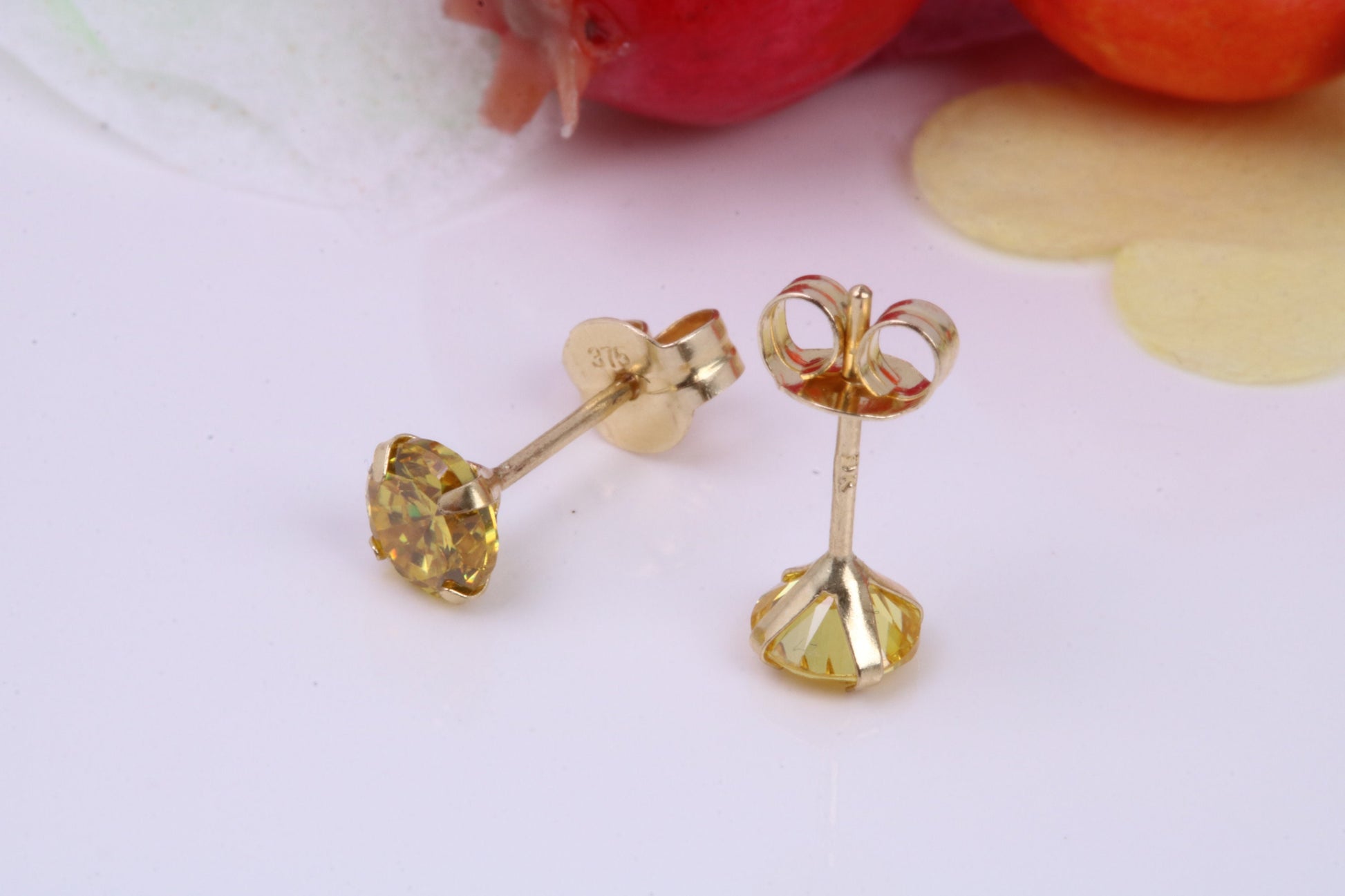 November Yellow Sapphire Cubic Zirconia set Birthstone Stud Earrings, Made from Solid 9ct Yellow Gold, Choice of Two Sizes