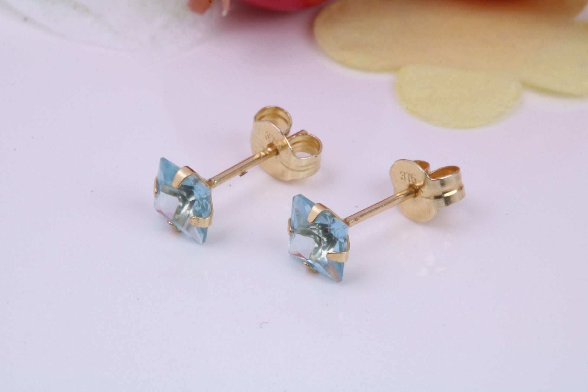 December Blue Zircon Cubic Zirconia set Birthstone Stud Earrings, Made from Solid 9ct Yellow Gold, Choice of Two Sizes
