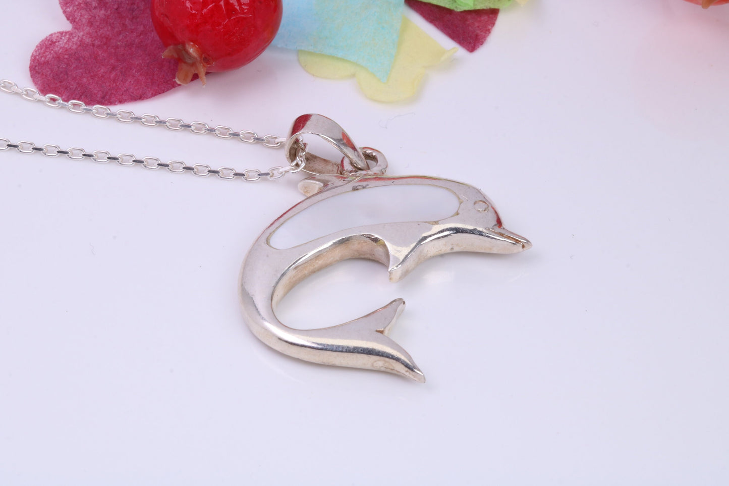 Dolphin Necklace Inlaid with Mother of Pearl, Made from Solid Sterling Silver