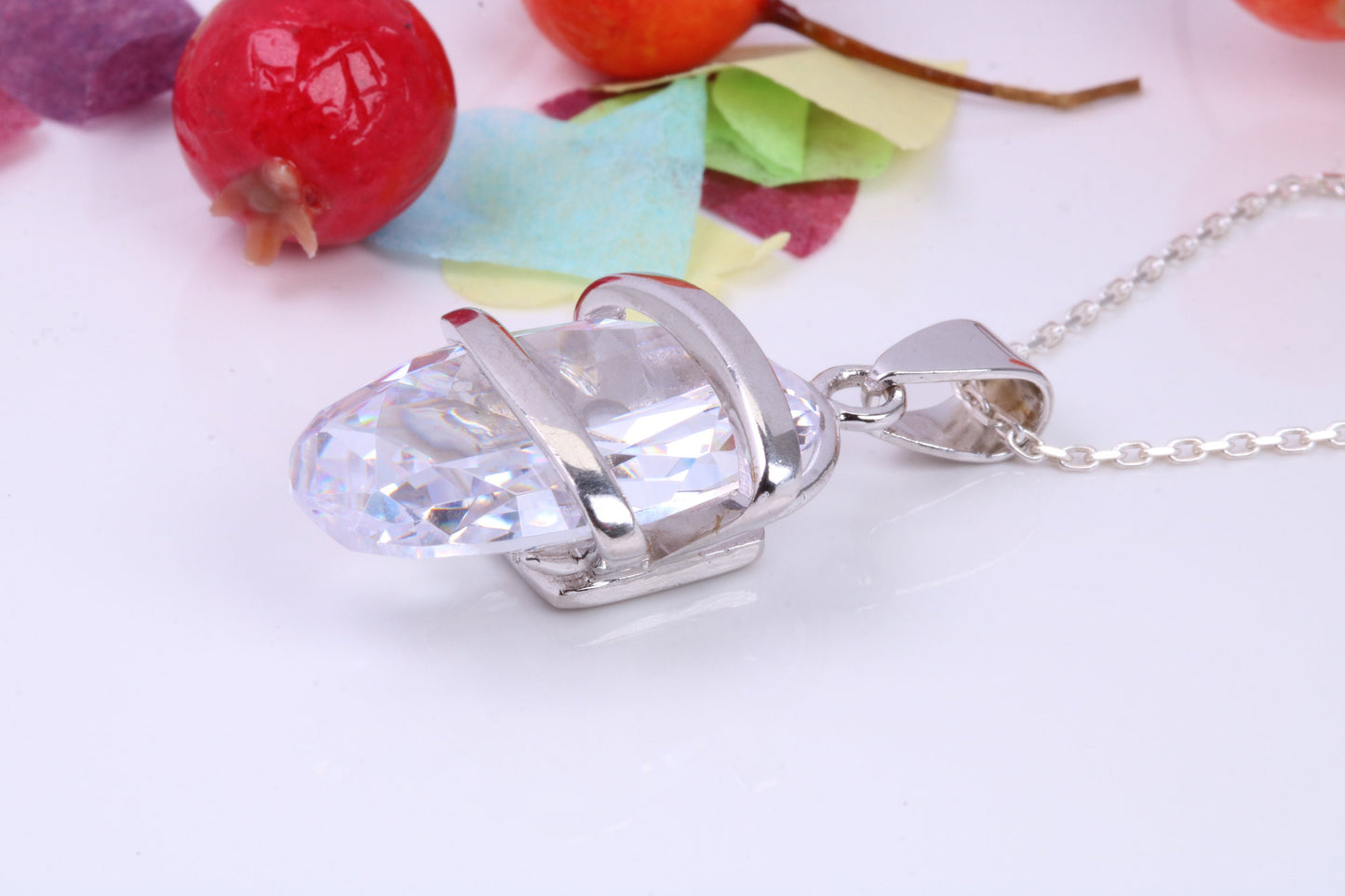 Large Oval cut Cubic Zirconia set Necklace, Made from Solid Sterling Silver, Very Dressy