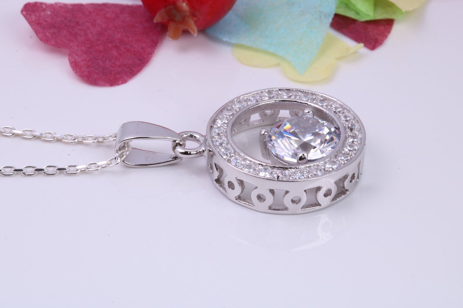 Large Round cut Cubic Zirconia set Necklace, Made from Solid Sterling Silver, Very Dressy