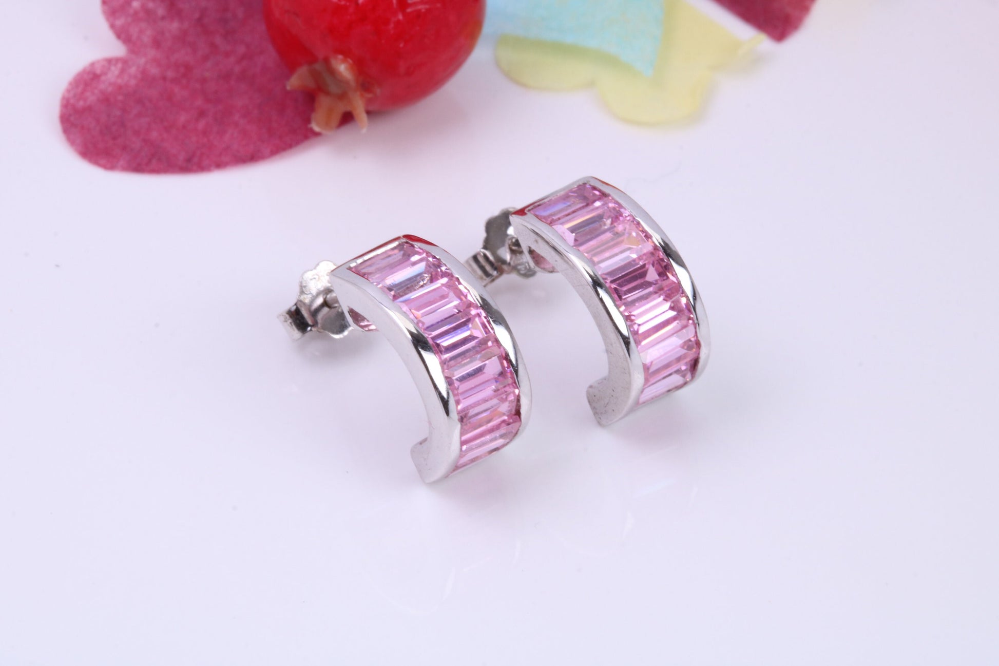 Half Hoop Pink Cubic Zirconia set Stud Earrings, Very Dressy, Made from Solid 925 Grade Sterling Silver